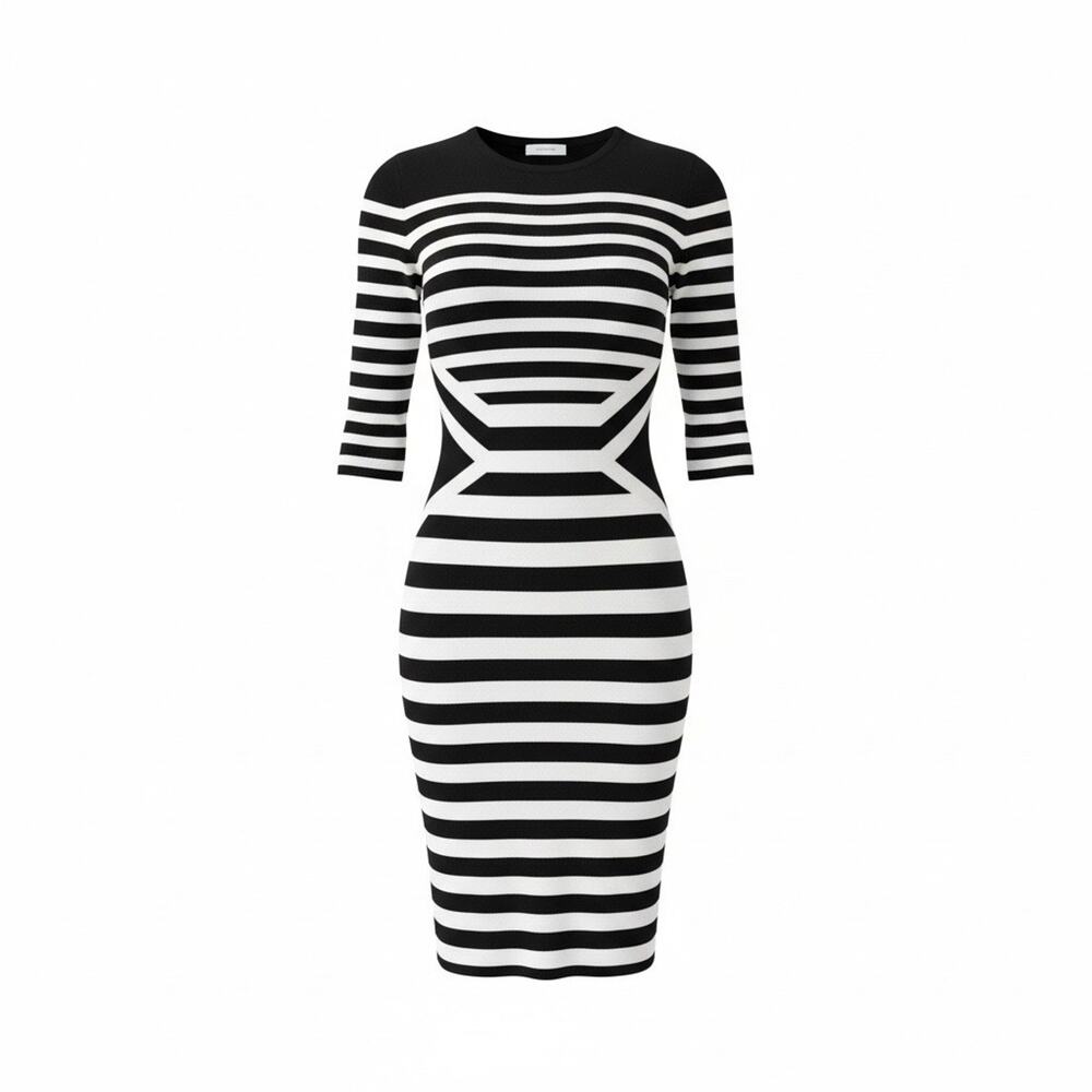 Black Ivory Striped Bodycon Knit Dress Waist Defining Midi Size M Mid 2010’s